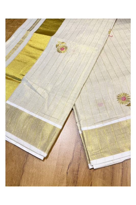 Kerala Tissue Kasavu Stripes Saree with Pink Floral Embroidery Design on Body