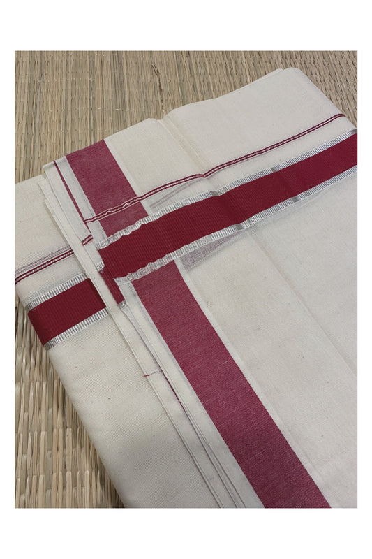 Off White Kerala Double Mundu with Silver Kasavu and Maroon Kara (South Indian Kerala Dhoti)