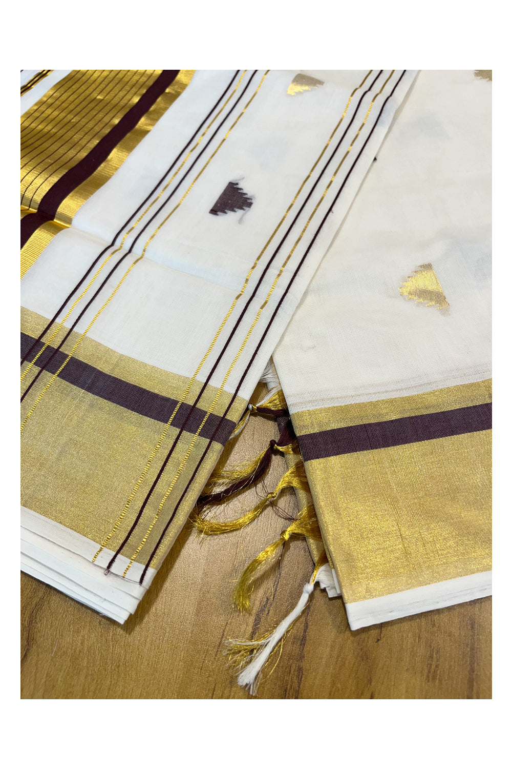 Southloom Premium Handloom Cotton Kasavu Saree with Golden And Brown Temple Woven Motifs