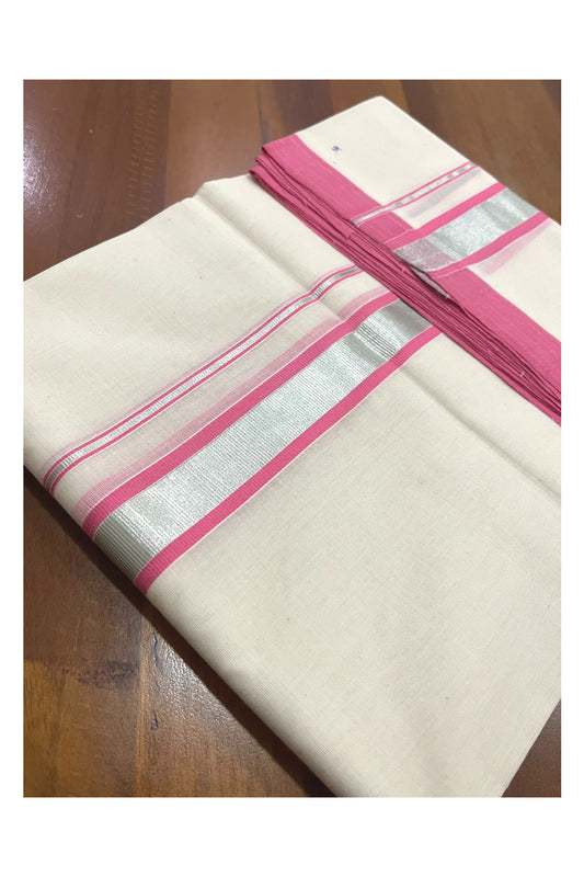 Southloom Premium Balaramapuram Unakkupaavu Handloom Mundu with Pink and Silver Kasavu Border (South Indian Kerala Dhoti)