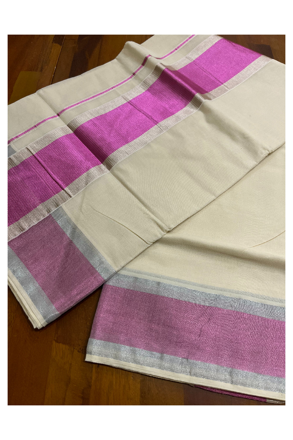 Pure Cotton Kerala Kasavu Plain Saree with Magenta and Silver Kasavu Border