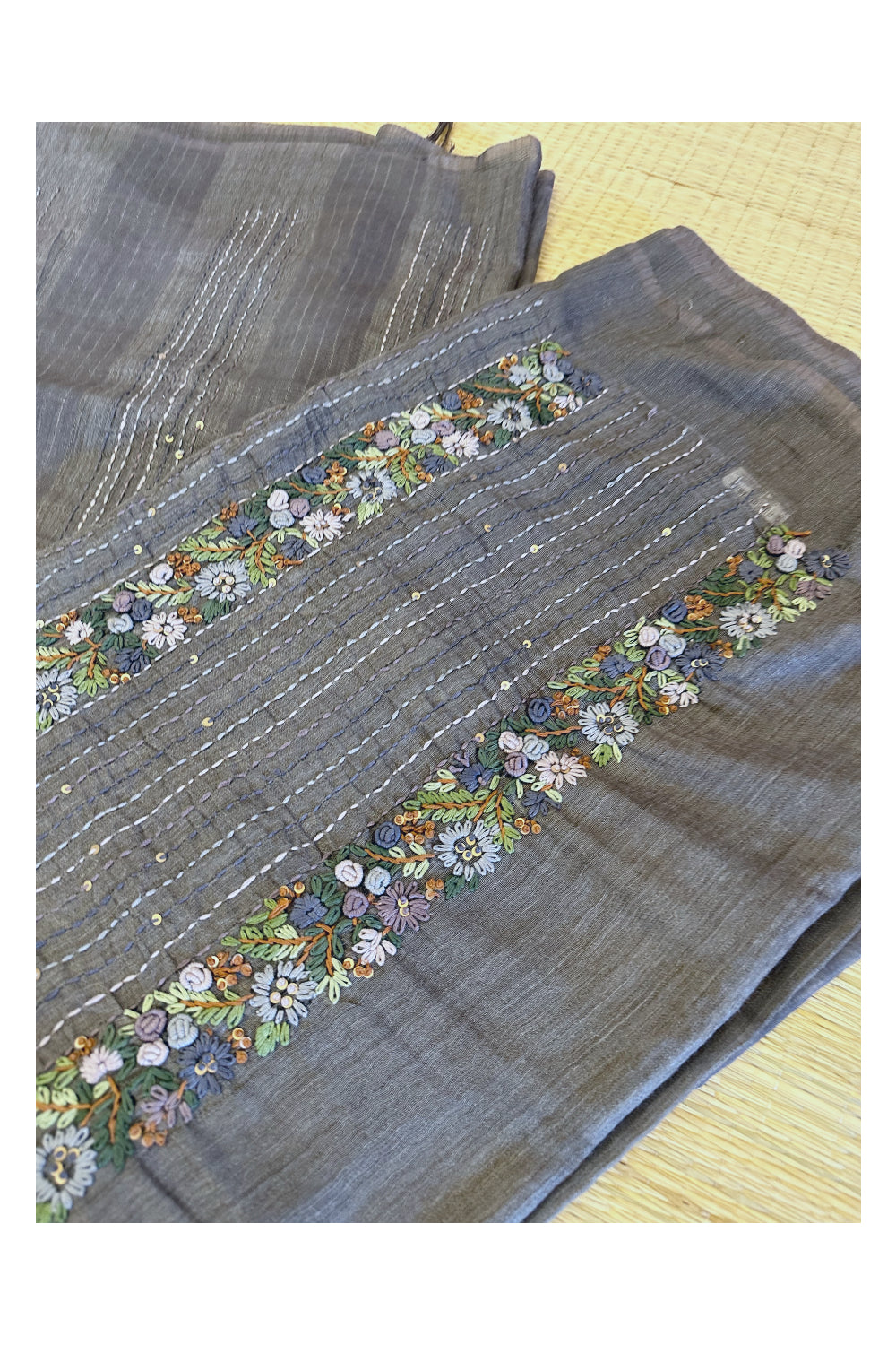 Southloom Dark Grey Linen Saree with Floral Hand Embroidered works