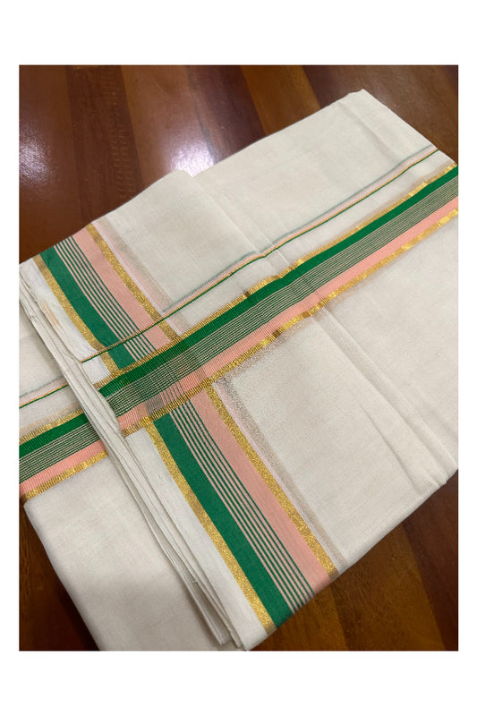 Southloom Premium Handloom Mundu with Green Peach and Kasavu Kara (Onam Mundu 2023)