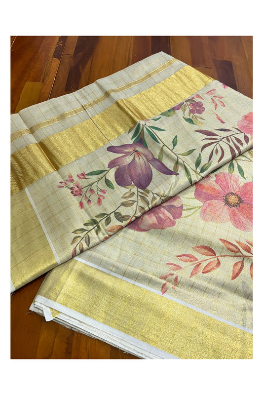 Kerala Tissue Kasavu Check Design Saree with Pink And Violet Floral Prints on Body (Vishu 2024 Collection)