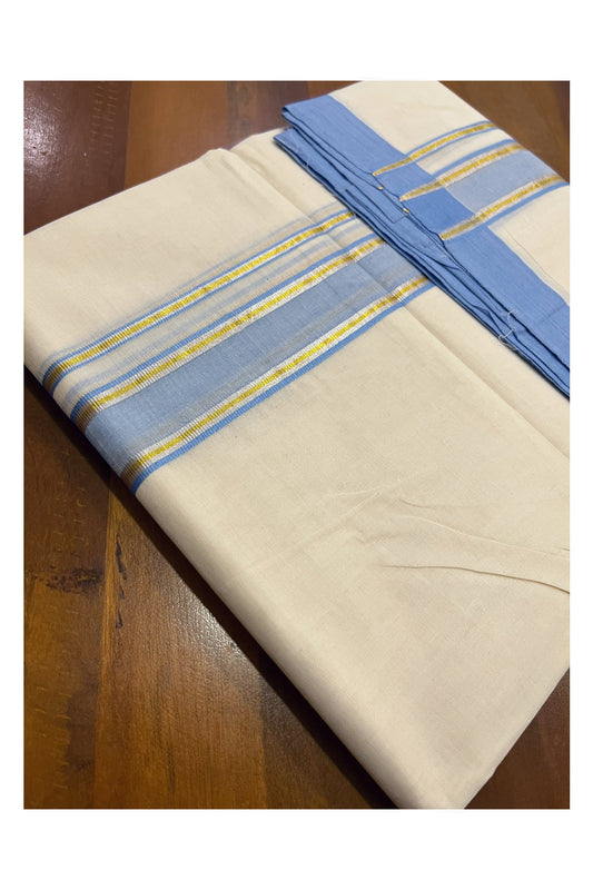 Pure Cotton 100x100 Double Mundu with Silver Golden Kasavu and Blue Kara (Onam Mundu 2023)