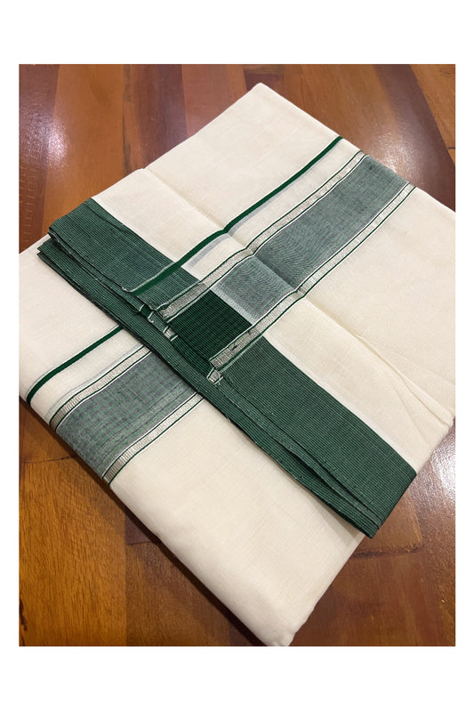 Southloom Premium Handloom Pure Cotton Mundu with Silver Kasavu and Green Border (South Indian Dhoti)