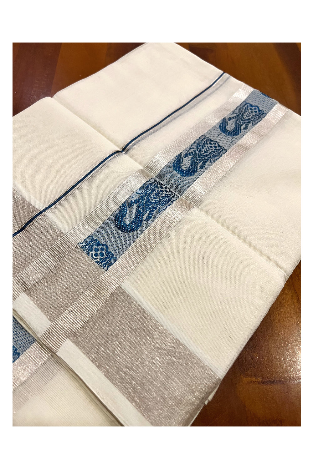 Southloom Premium Wedding Handloom Cotton Mundu with Blue and Silver Kasavu Woven Border (South Indian Kerala Dhoti)