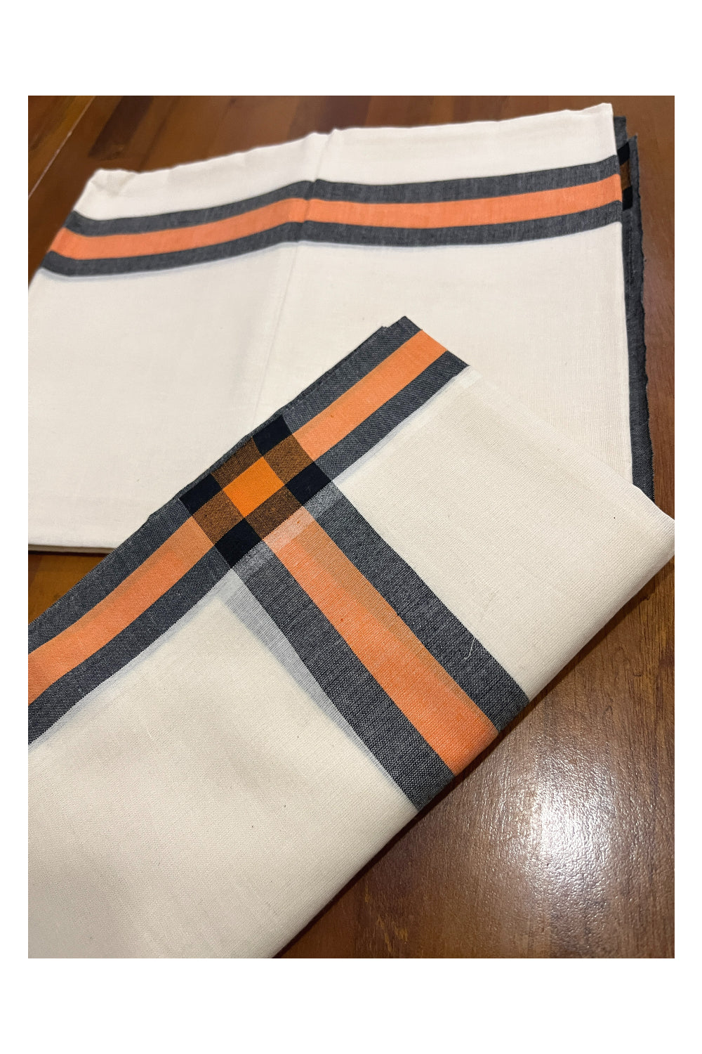 Kerala Cotton Mulloth Single Set Mundu (Mundum Neriyathum) with Orange and Black Border (Extra Soft Cotton) 2.80 Mtrs