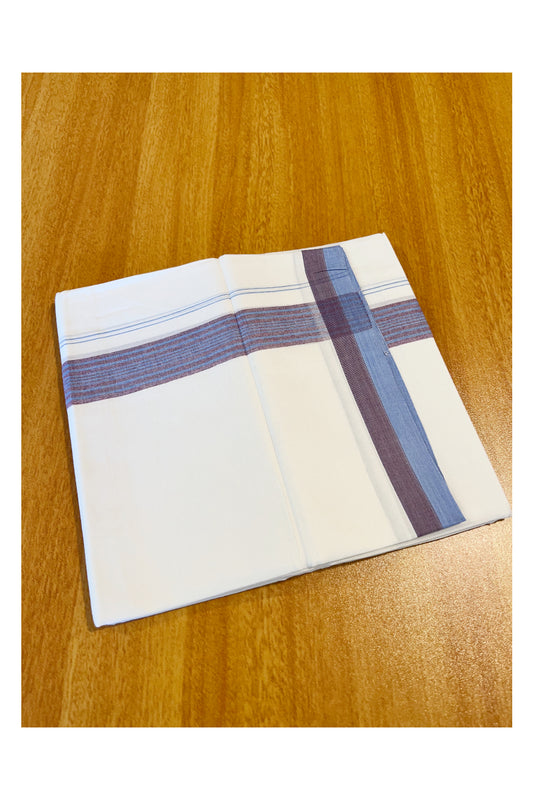 Pure White Cotton Double Mundu with Blue And Maroon Border (South Indian Dhoti)