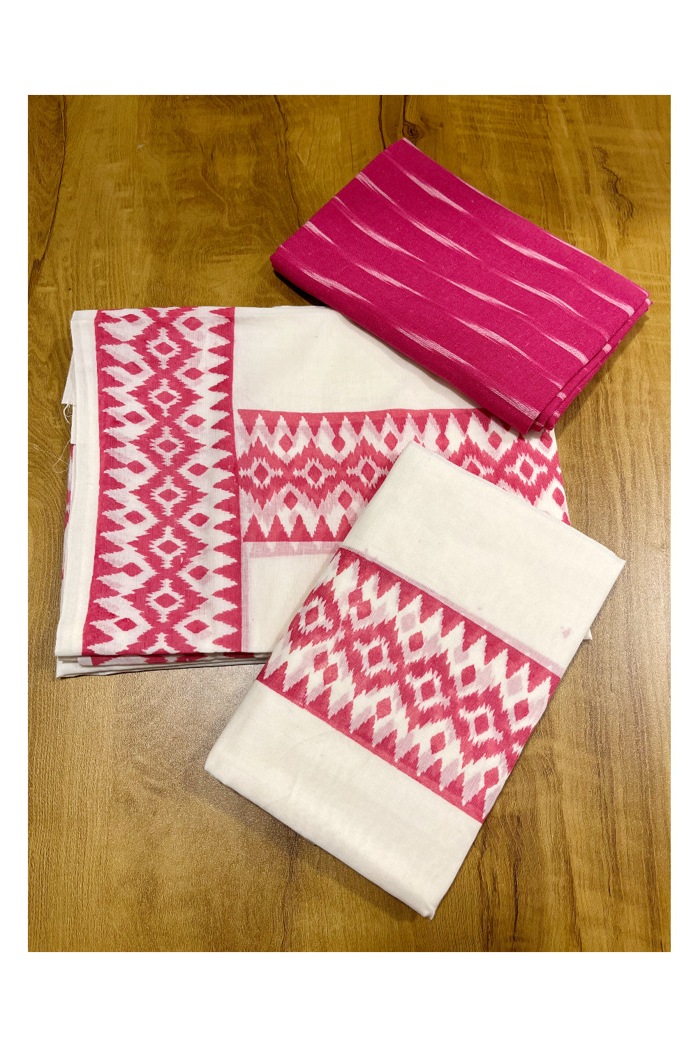 Southloom Ikat Design Pink Printed Set Mundu with Blouse Piece