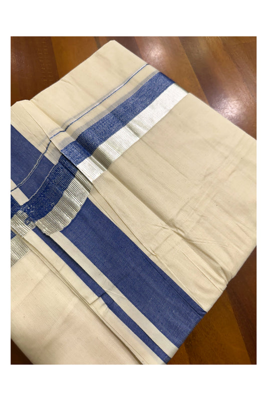 Kerala Pure Cotton Off White Double Mundu with Silver Kasavu And Blue Kara (South Indian Kerala Dhoti)