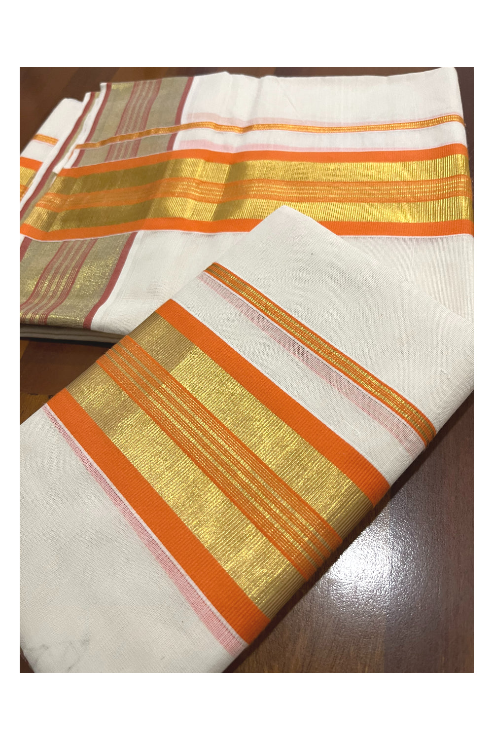 Pure Cotton Kerala Onam 2023 Set Mundu (Mundum Neriyathum) Single with Orange and Kasavu Border 2.80 Mtrs