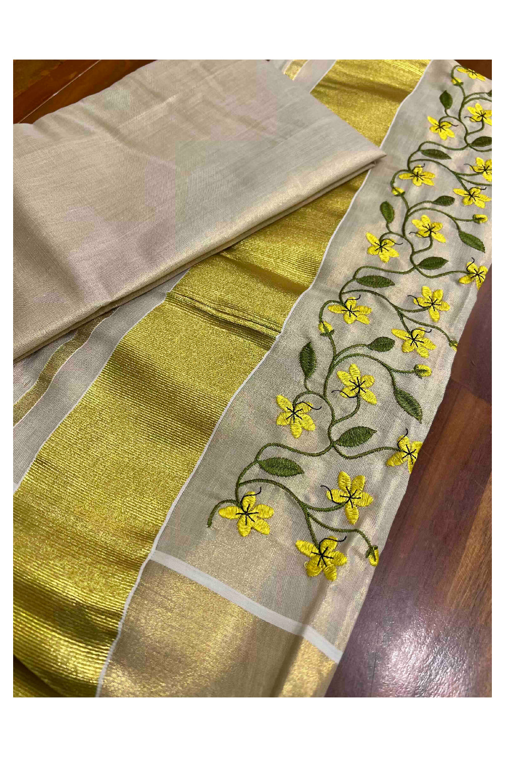 Southloom Tissue Single Set Mundu (Mundum Neriyathum with Floral Embroidery on Kasavu Border - 2.80Mtrs