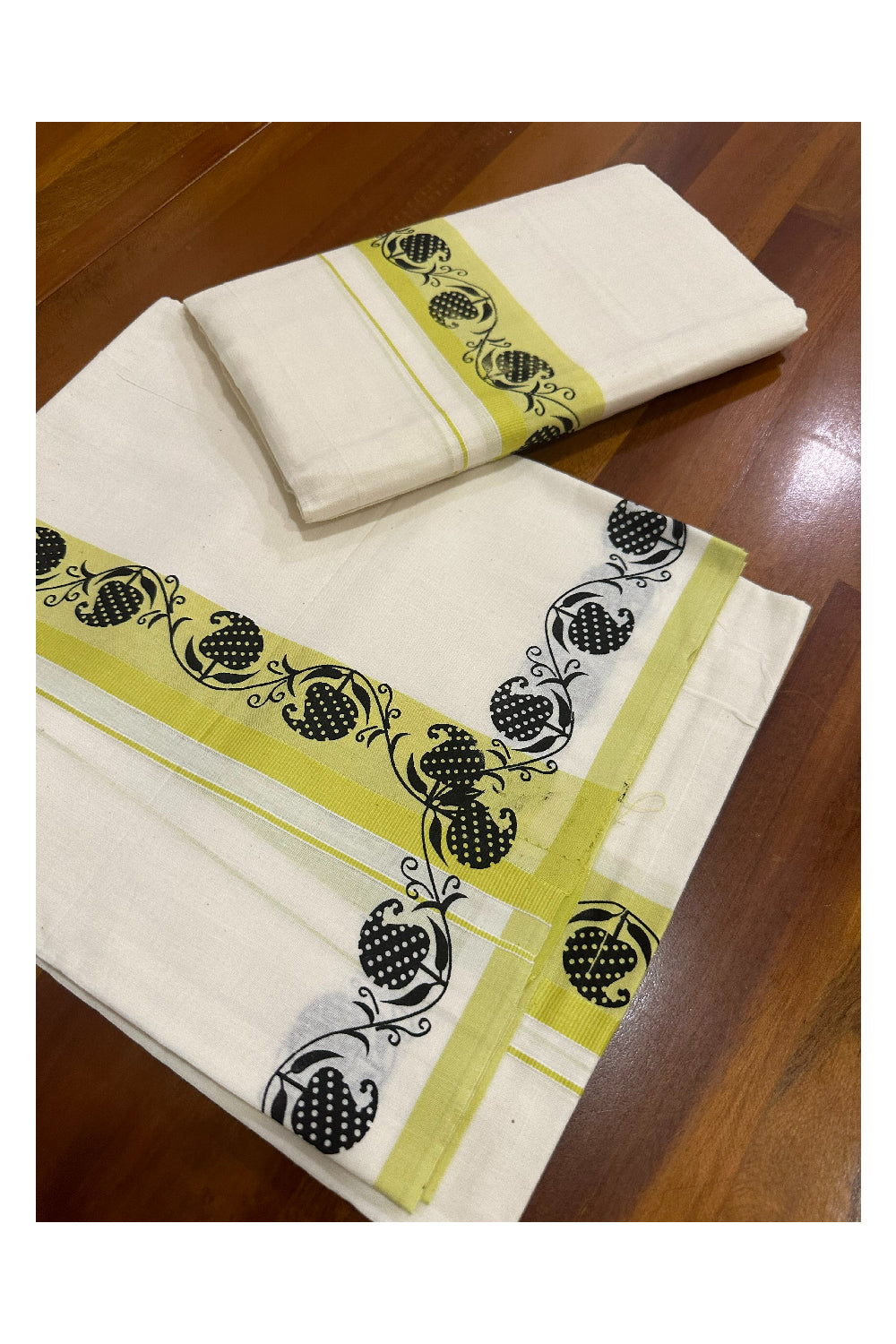 Kerala Cotton Set Mundu (Mundum Neriyathum) with Block Prints on Light Green Border (Onam Set Mundu 2023)