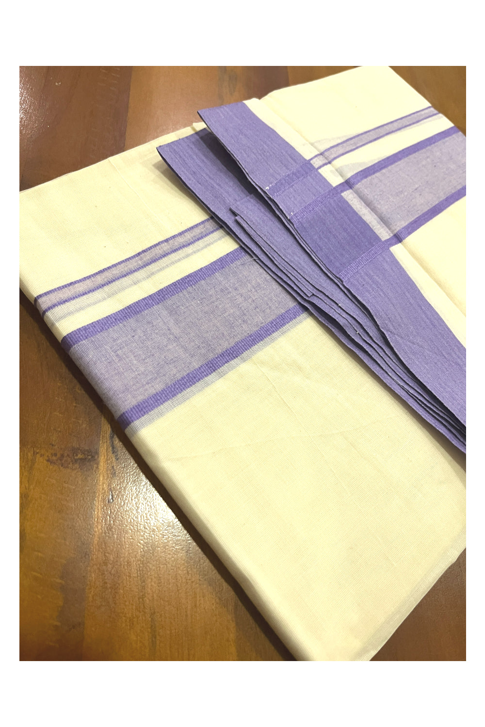 Off White Kerala Double Mundu with Violet Kara (South Indian Kerala Dhoti)