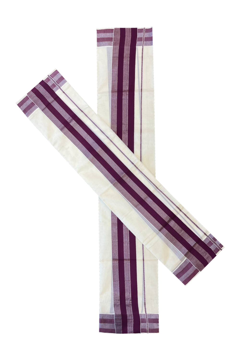 Cotton Set Mundu (Mundum Neriyathum) with Purple and Silver Line Kasavu on Border 2.80 Mtrs