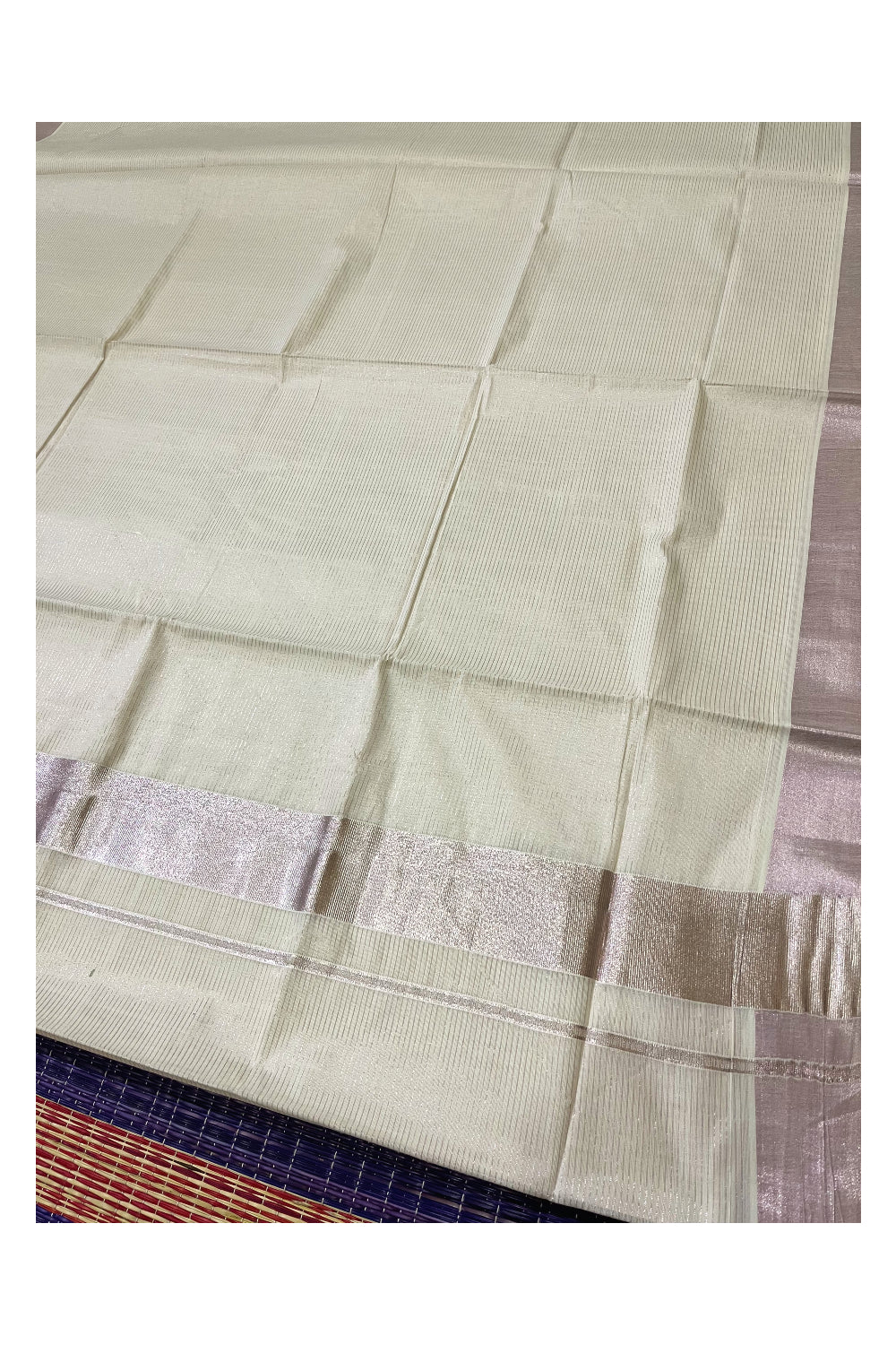 Kerala Cotton Rose Copper Kasavu Micro Lines Woven Saree