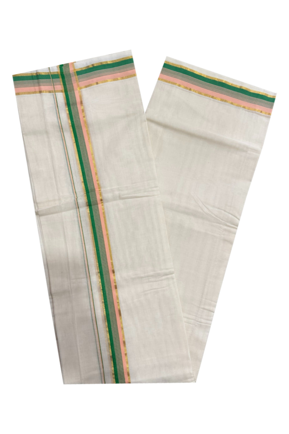 Southloom Premium Handloom Mundu with Green Peach and Kasavu Kara (Onam Mundu 2023)