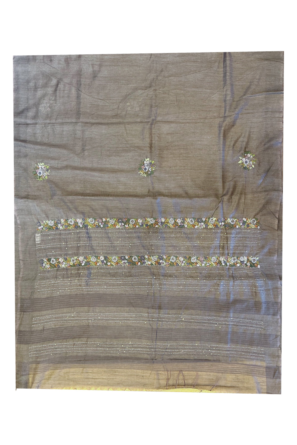 Southloom Dark Grey Linen Saree with Floral Hand Embroidered works