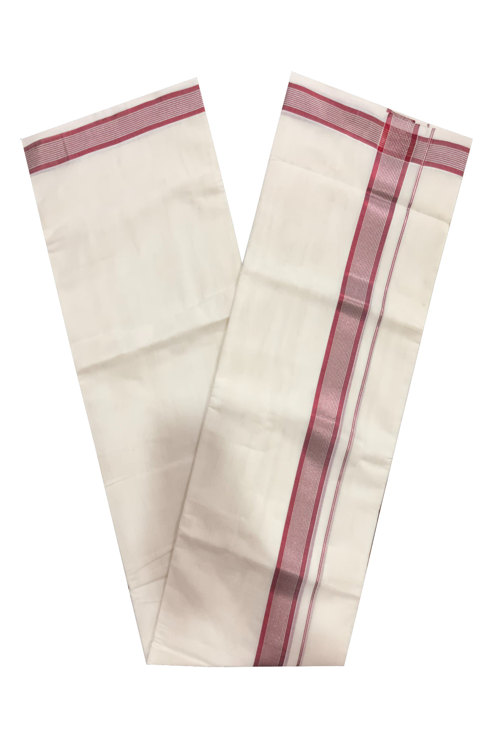 Southloom Premium Handloom Pure Cotton Mundu with Silver and Maroon Kasavu Border (Onam Mundu 2023)