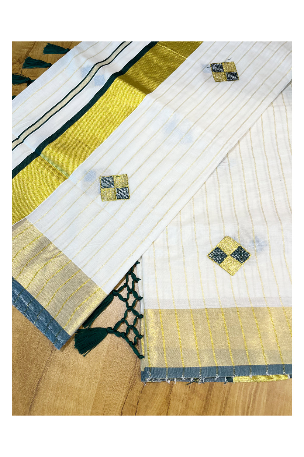 Kerala Cotton Kasavu Lines Saree with Green and Golden Diagonal Embroidery Work