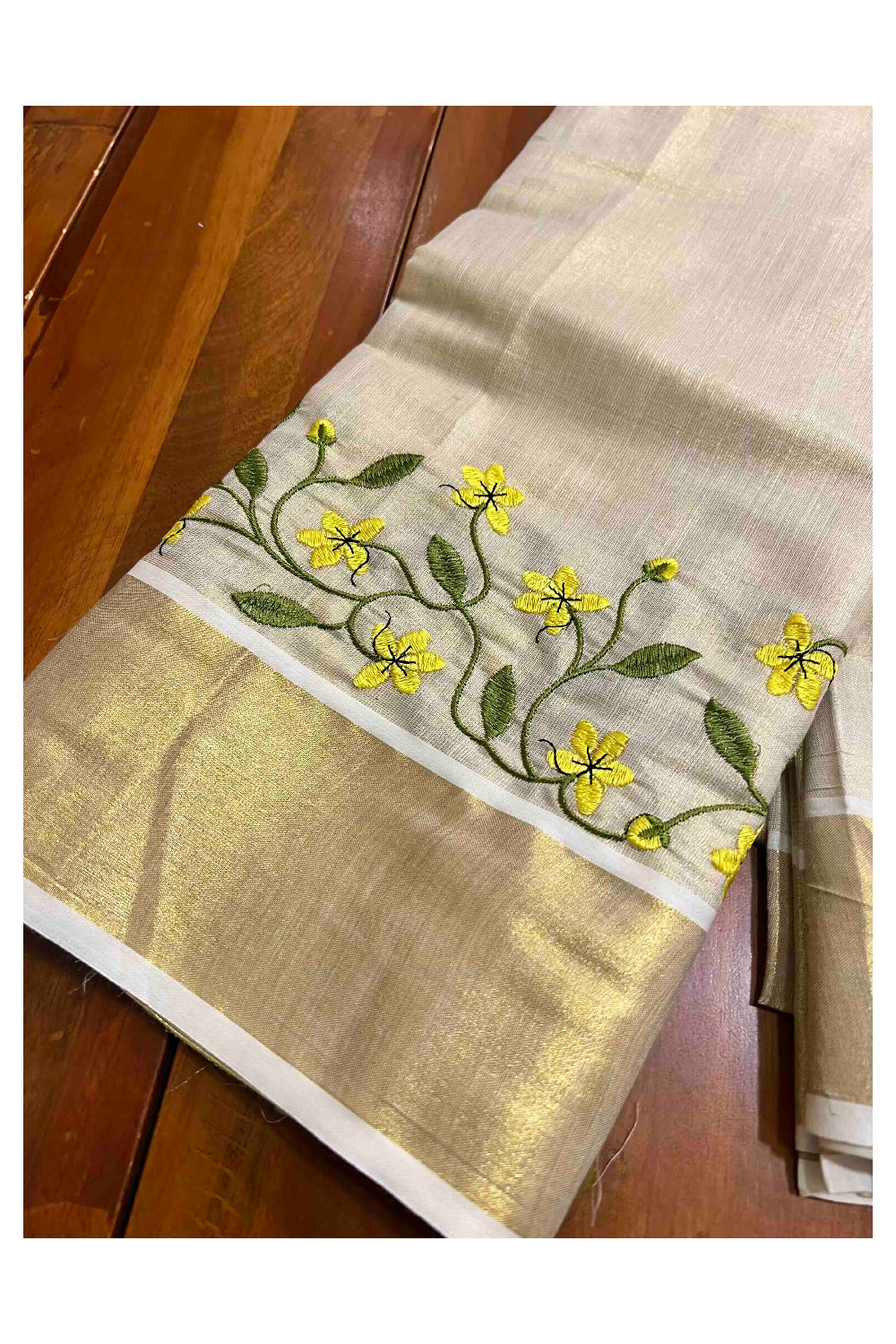 Southloom Tissue Single Set Mundu (Mundum Neriyathum with Floral Embroidery on Kasavu Border - 2.80Mtrs