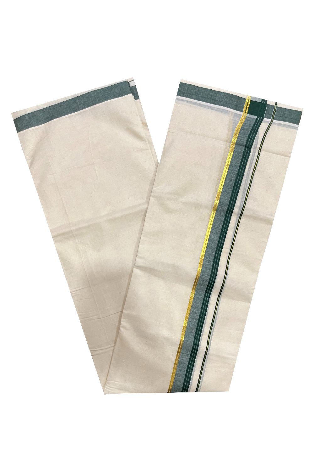 Pure Cotton Kerala Double Mundu with Dark Green and Kasavu Kara (South Indian Kerala Dhoti)