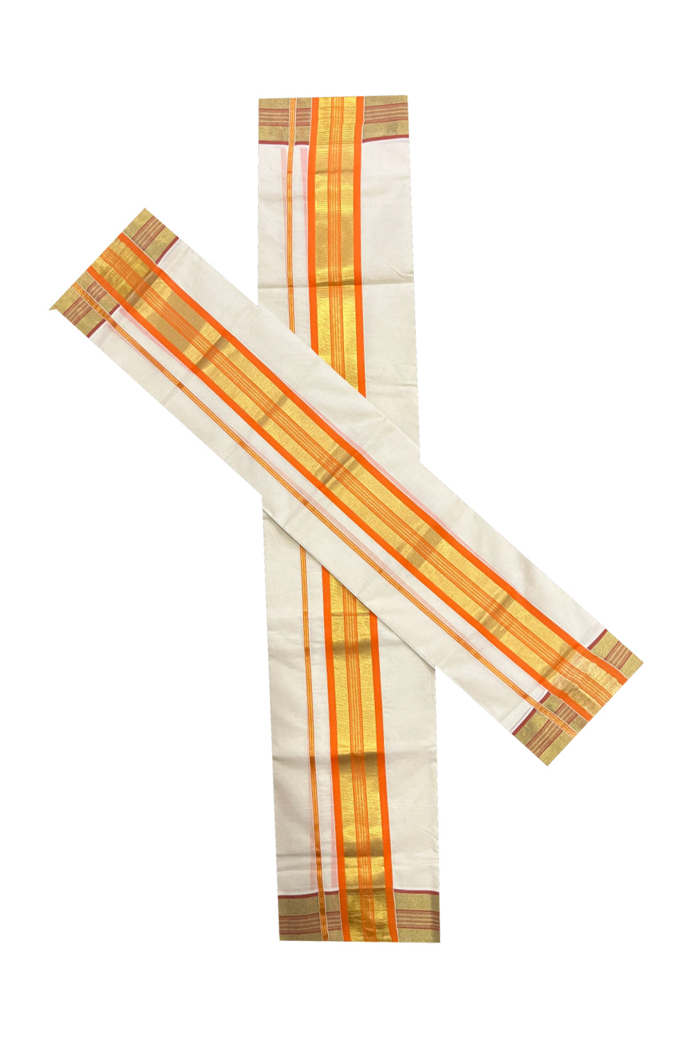 Pure Cotton Kerala Onam 2023 Set Mundu (Mundum Neriyathum) Single with Orange and Kasavu Border 2.80 Mtrs