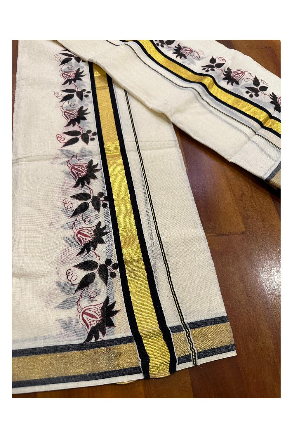 Kerala Cotton Kasavu Single Set Mundu (Mundum Neriyathum) with Black Floral Block Prints on Border 2.80 Mtrs (Onam set Mundu 2023)