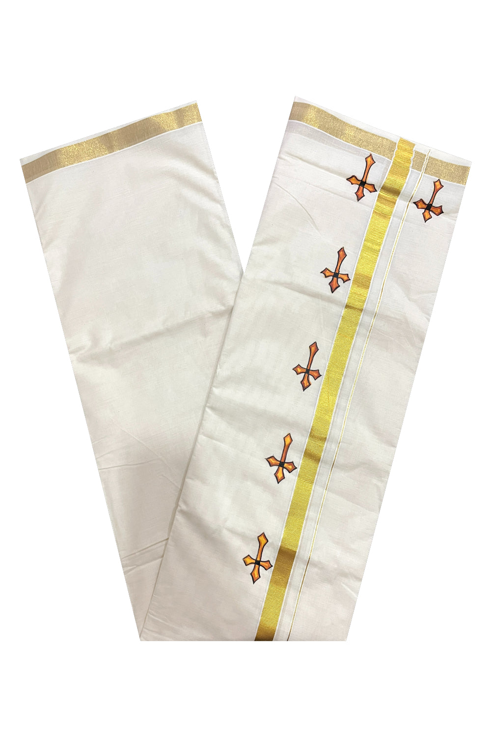 Off White Pure Cotton Double Mundu with Cross Mural Painted Design on Kasavu Kara (South Indian Dhoti)