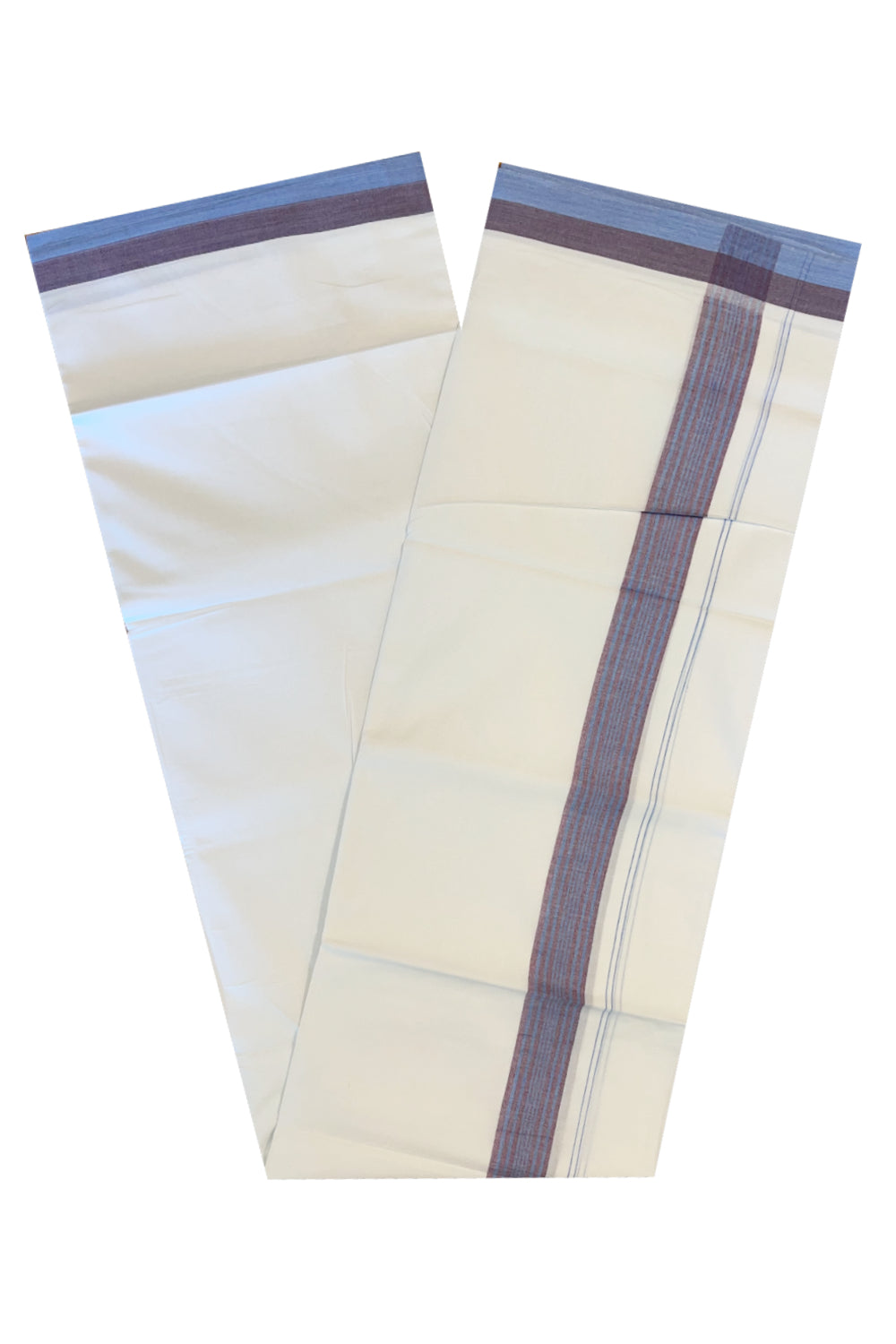 Pure White Cotton Double Mundu with Blue And Maroon Border (South Indian Dhoti)