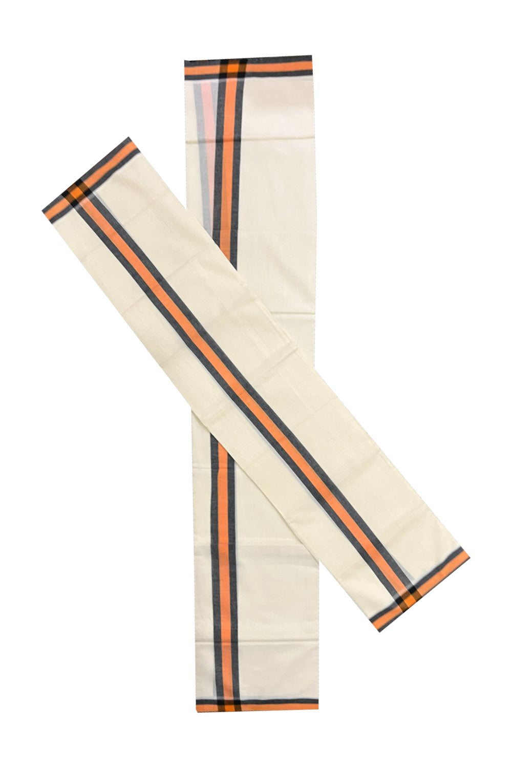 Kerala Cotton Mulloth Single Set Mundu (Mundum Neriyathum) with Orange and Black Border (Extra Soft Cotton) 2.80 Mtrs