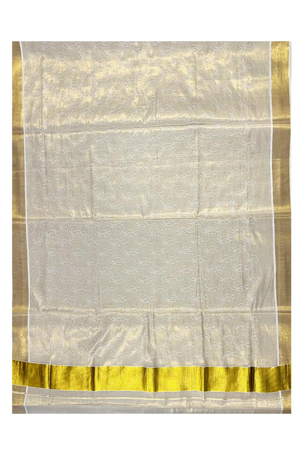 Kerala Tissue Kasavu Saree With White Floral Embroidery Works