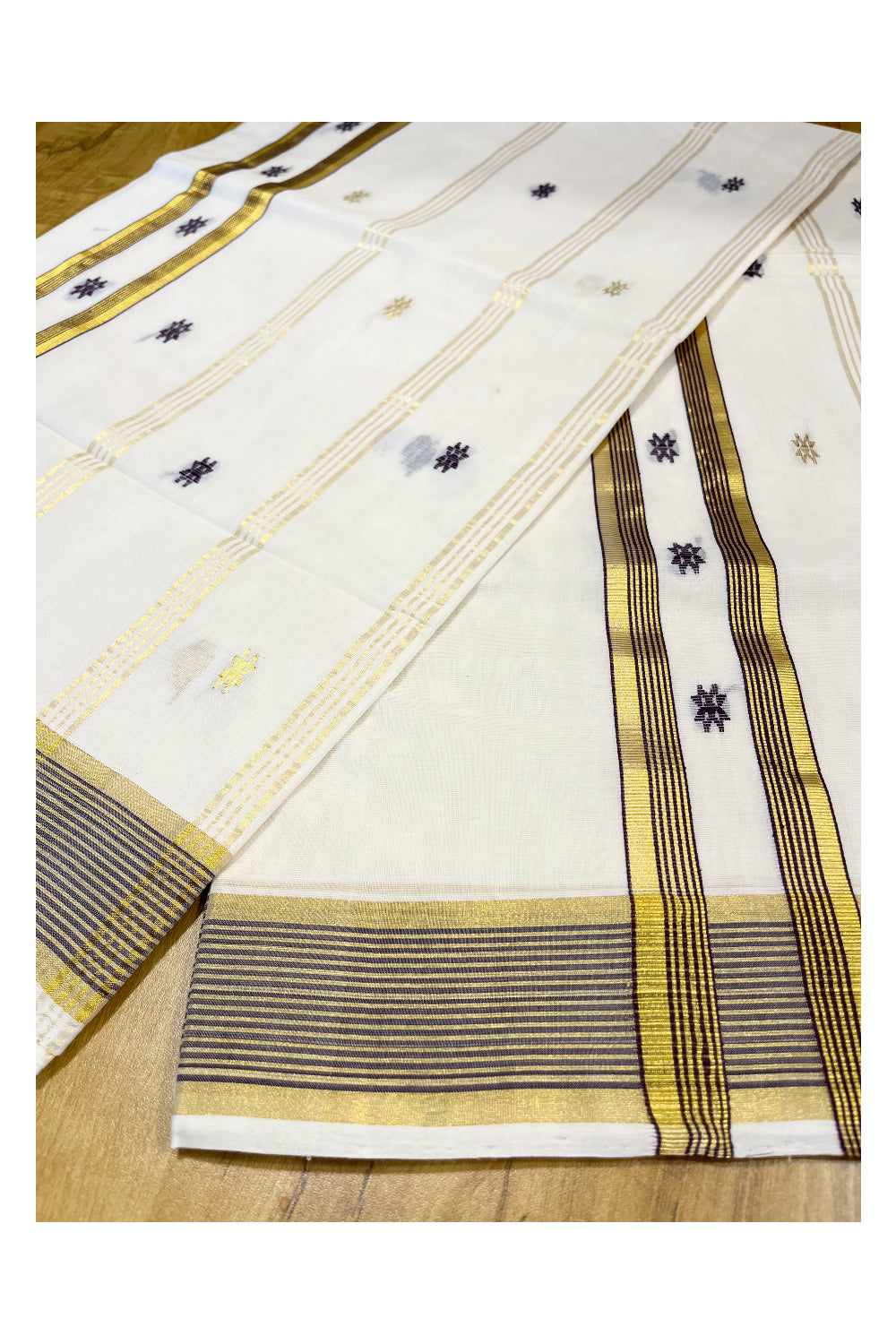 Southloom Premium Handloom Kerala Saree Purple and Kasavu Lines with Golden Small Woven Works on Body