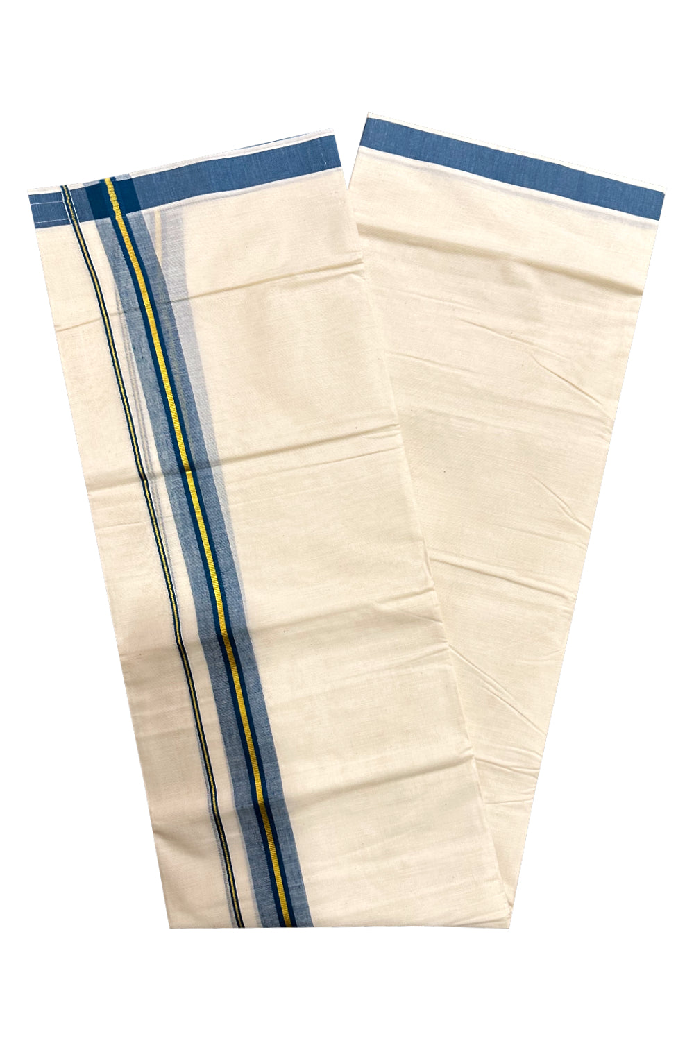 Kerala Cotton Double Mundu with Blue and Kasavu Border (Onam Mundu 2023)