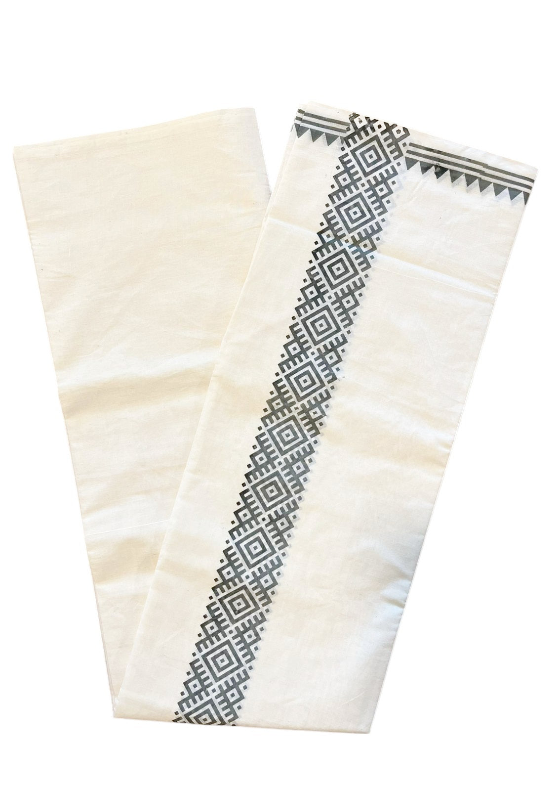 Pure Cotton Off White Double Mundu with Grey Block Prints On Border (South Indian Kerala Dhoti)