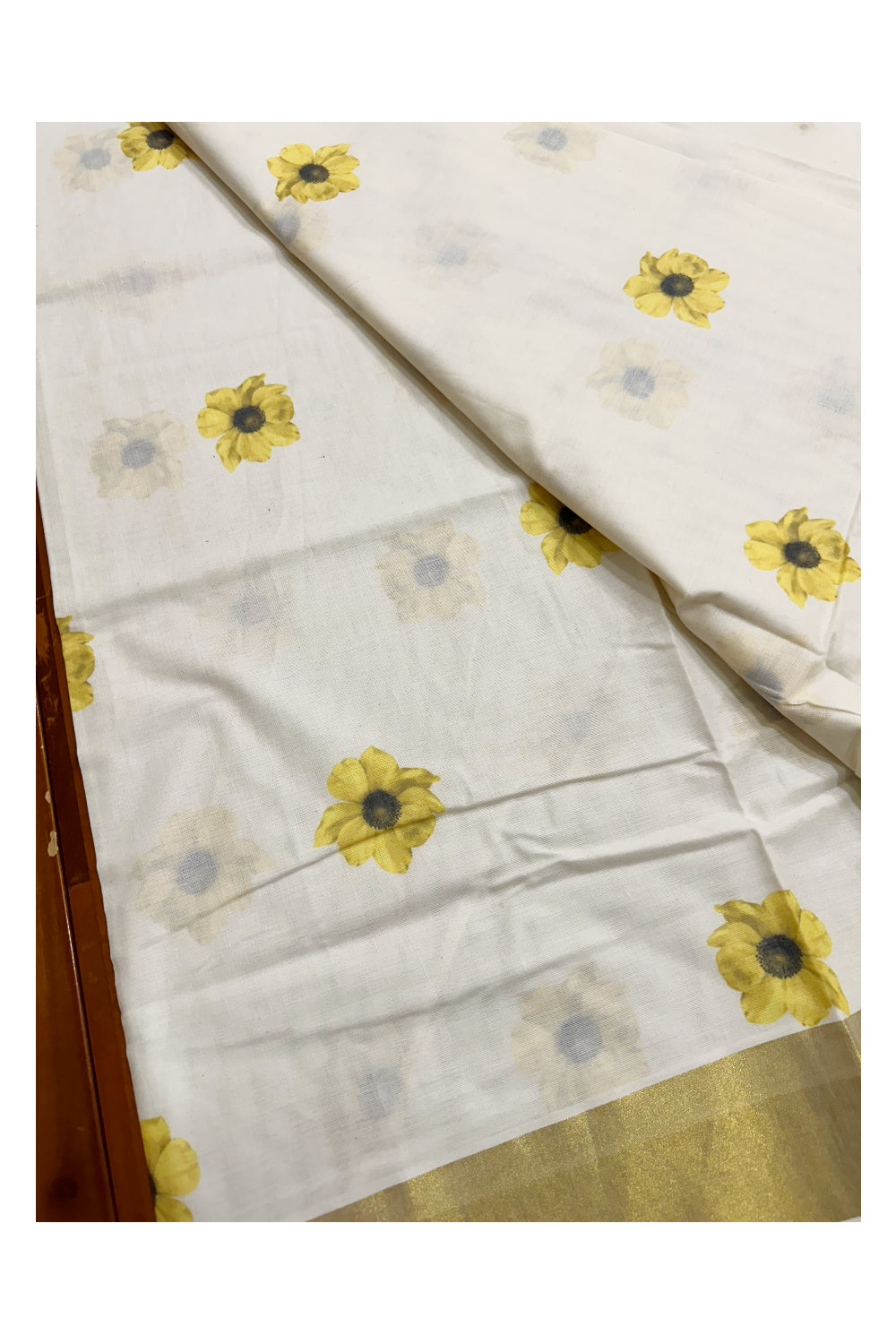 Southloom Exclusive Onam Kasavu Saree with Small Yellow Floral High Quality Digital Print Across Body (Matching Printed Blouse Included)