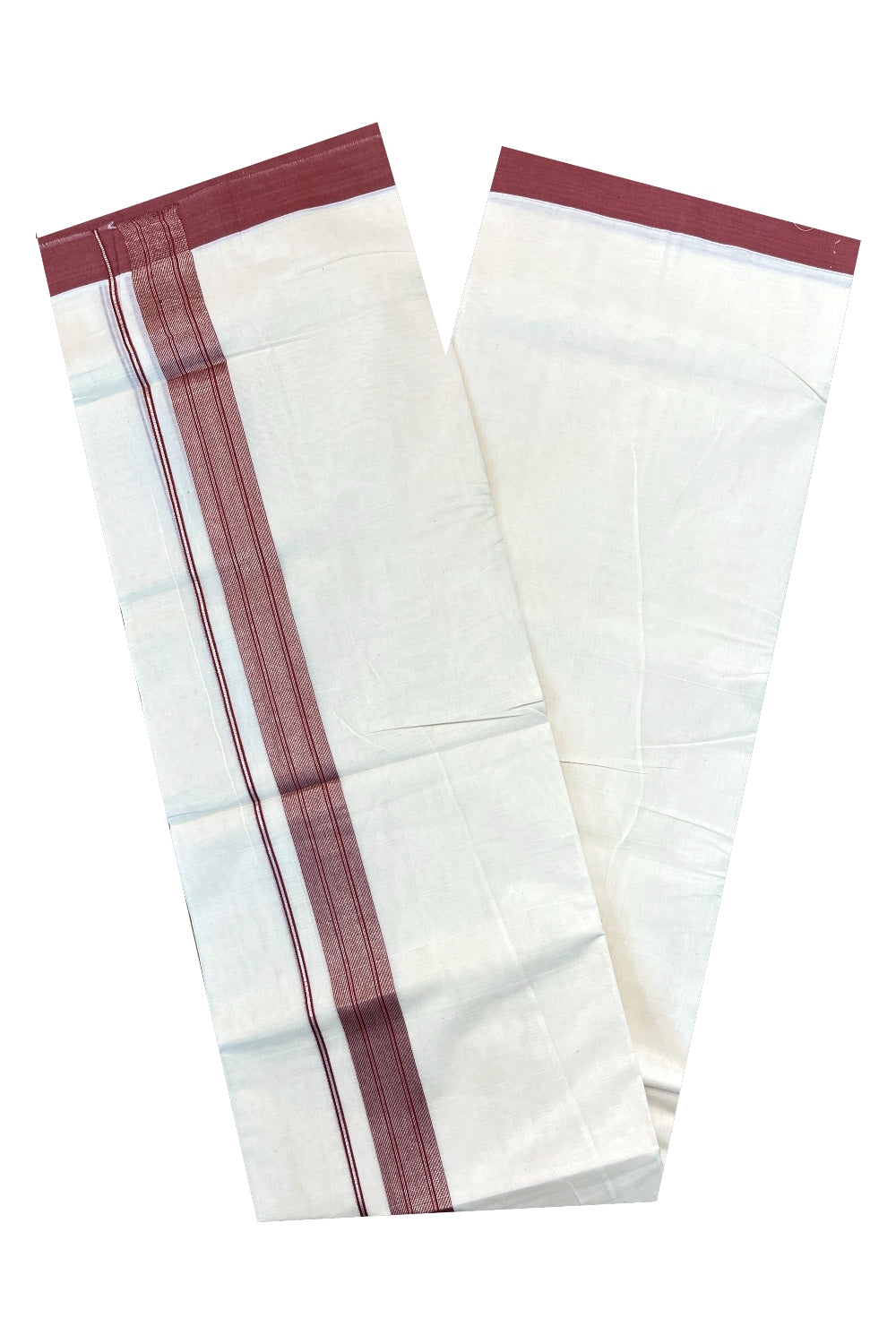 Pure Cotton Off White Double Mundu with Silver Kasavu and Brown Kara (South Indian Kerala Dhoti)