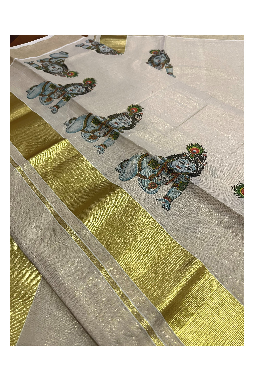 Kerala Tissue Kasavu Set Mundu (Mundum Neriyathum) with Baby Krishna Mural Printed Design (Onam Set Mundu 2023)