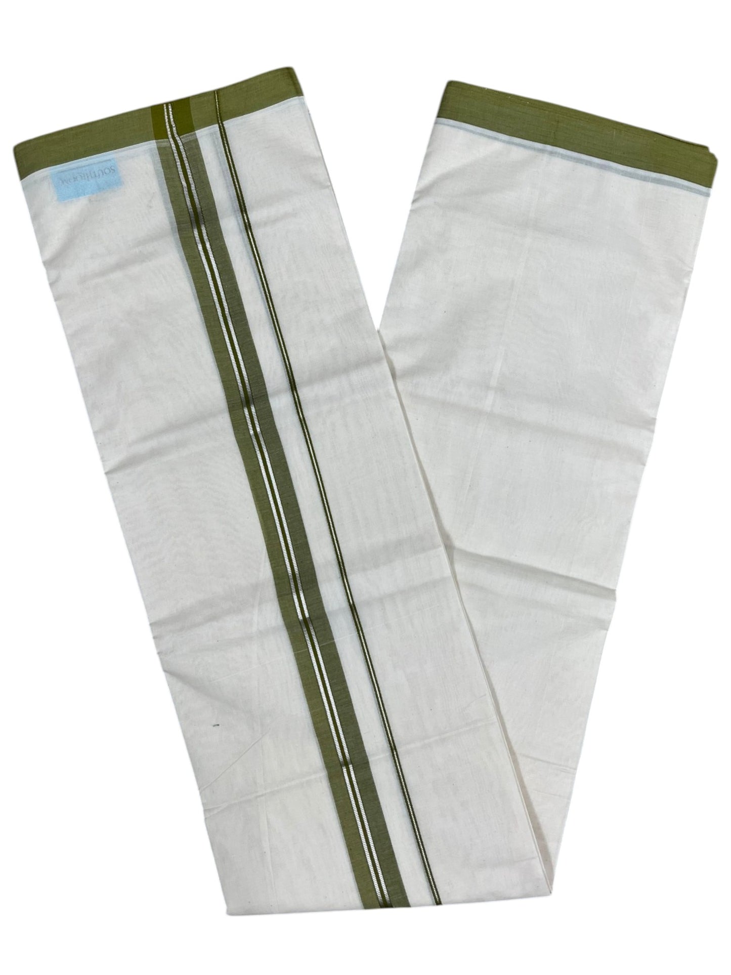 Southloom Pure Cotton Mundu with Silver Lines and Olive Green Border (South Indian Kerala Dhoti)