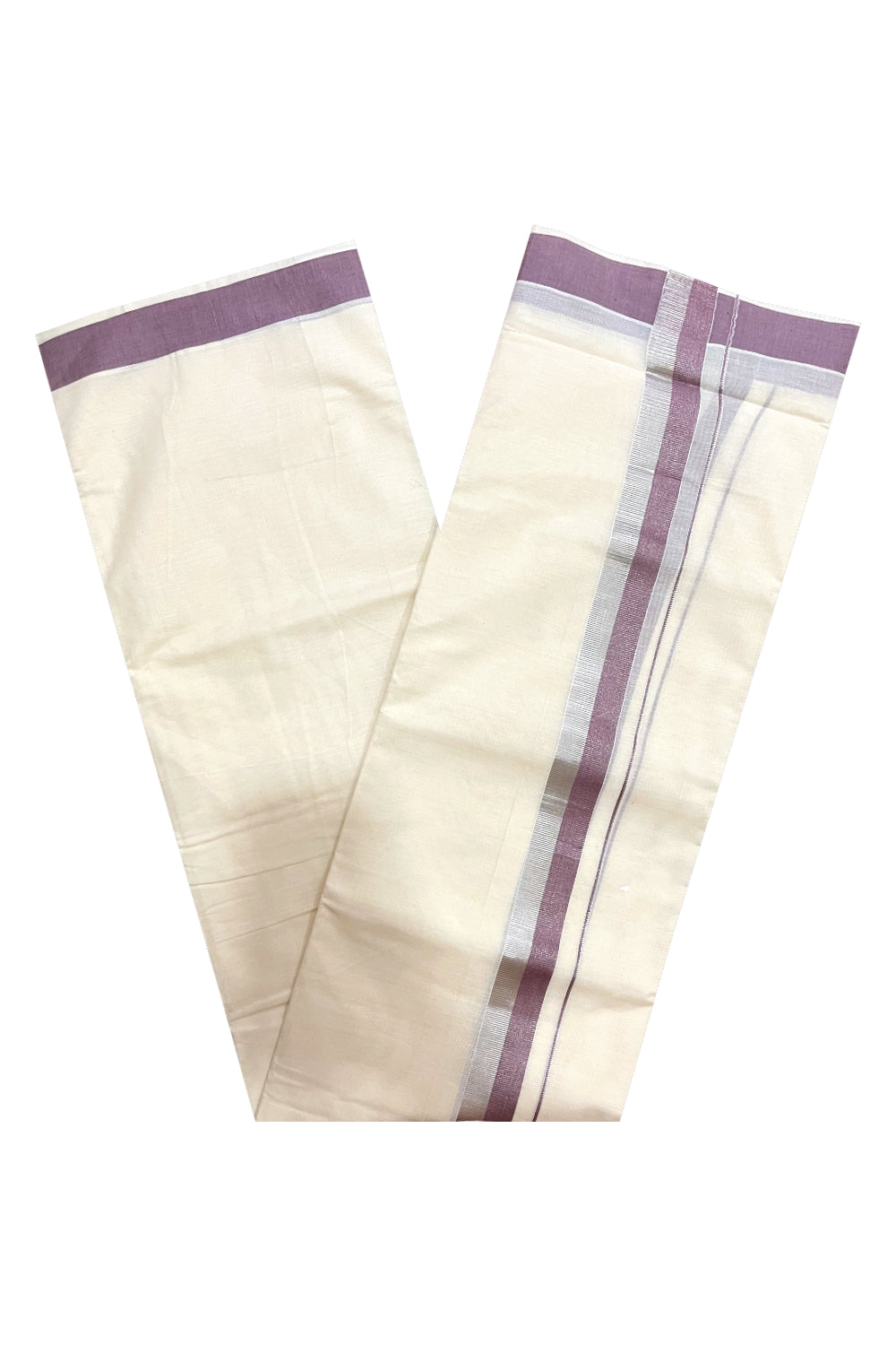 Kerala Cotton Double Mundu with Purple and Silver Kasavu Border (Onam Mundu 2023)