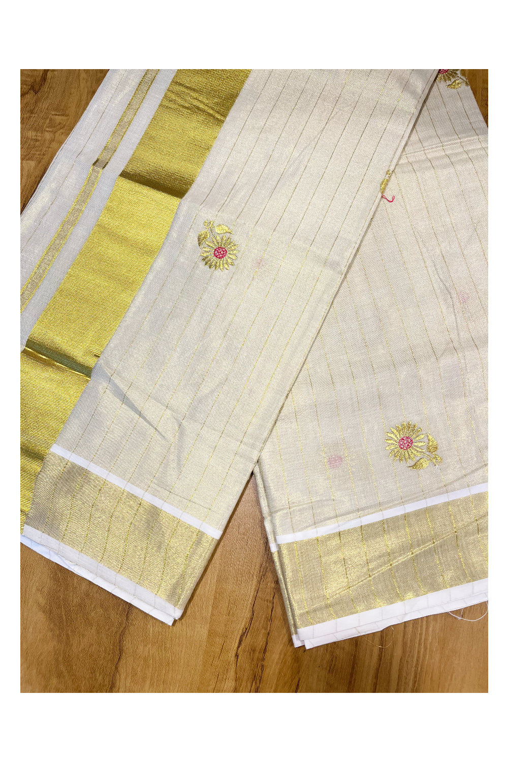 Kerala Tissue Kasavu Stripes Saree with Pink Floral Embroidery Design on Body