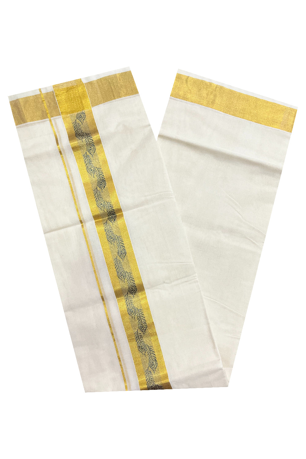 Southloom Premium Handloom Pure Cotton Mundu with Golden and Blue Kasavu Woven Border (Vishu 2024 Collection)