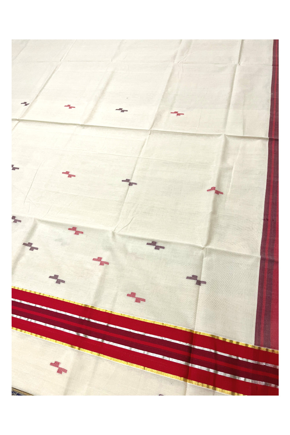 Southloom Premium Balaramapuram Unakkupaavu Handloom Cotton Butta Saree with Red and Kasavu Border