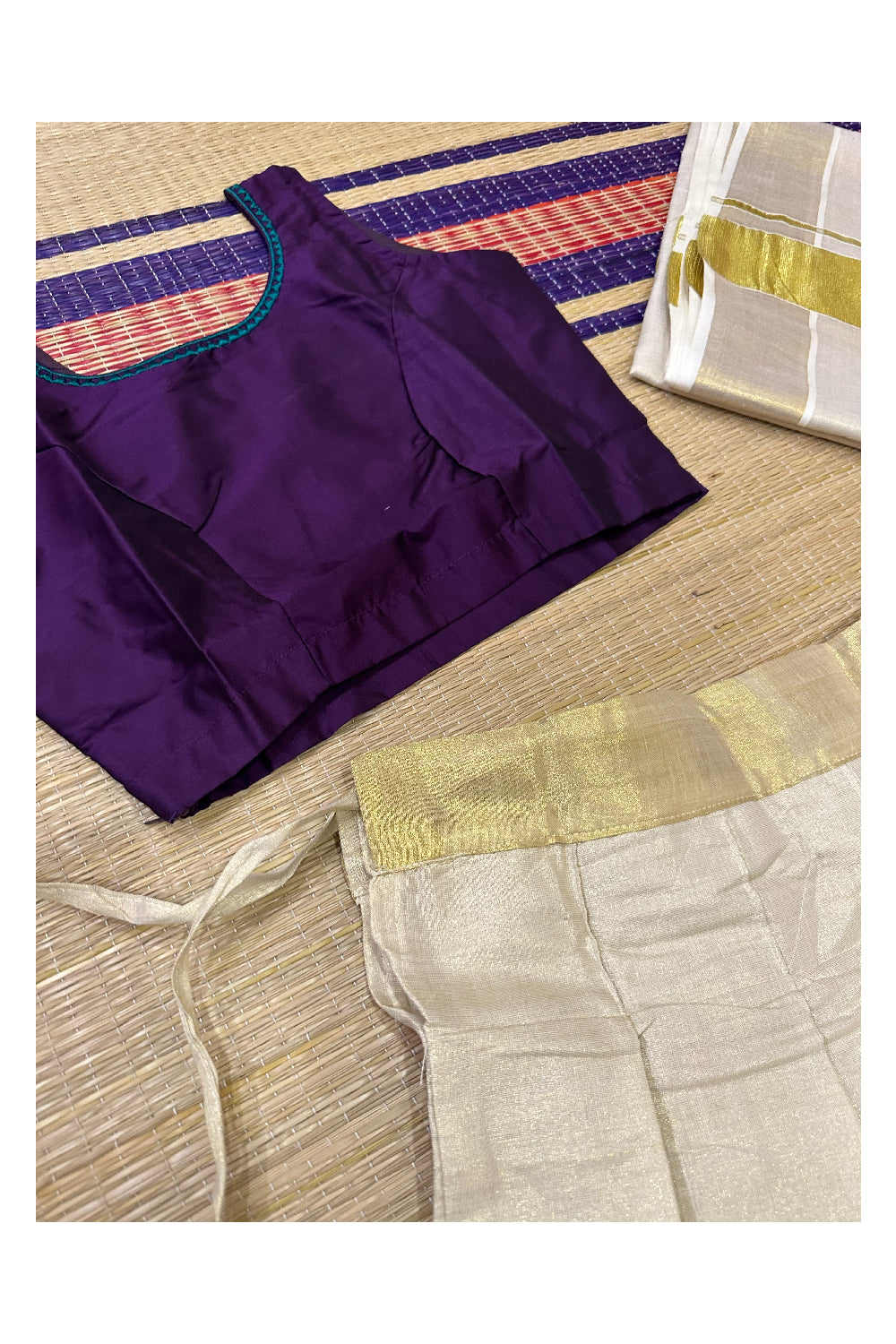 Stitched Dhavani Set with Tissue Pavada and Dark Violet Readymade Blouse