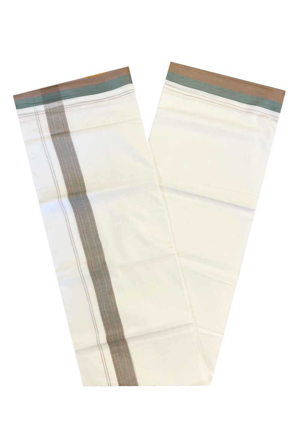 Pure White Cotton Double Mundu with Green And Brown Border (South Indian Kerala Dhoti)