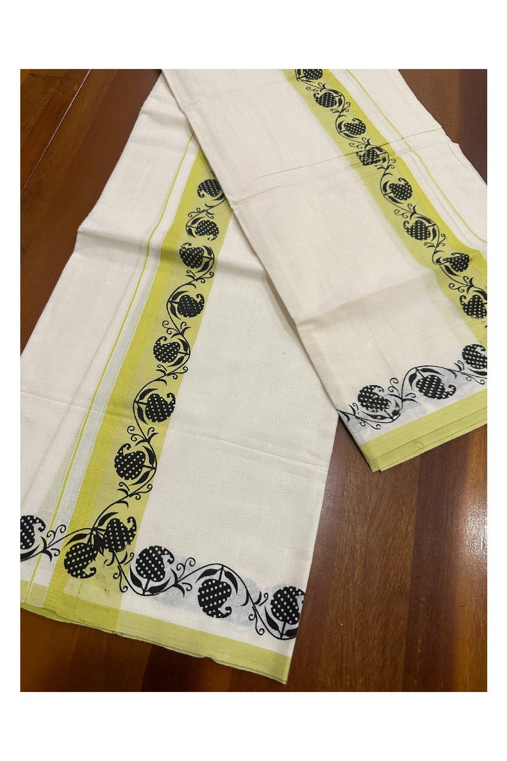 Kerala Cotton Set Mundu (Mundum Neriyathum) with Block Prints on Light Green Border (Onam Set Mundu 2023)