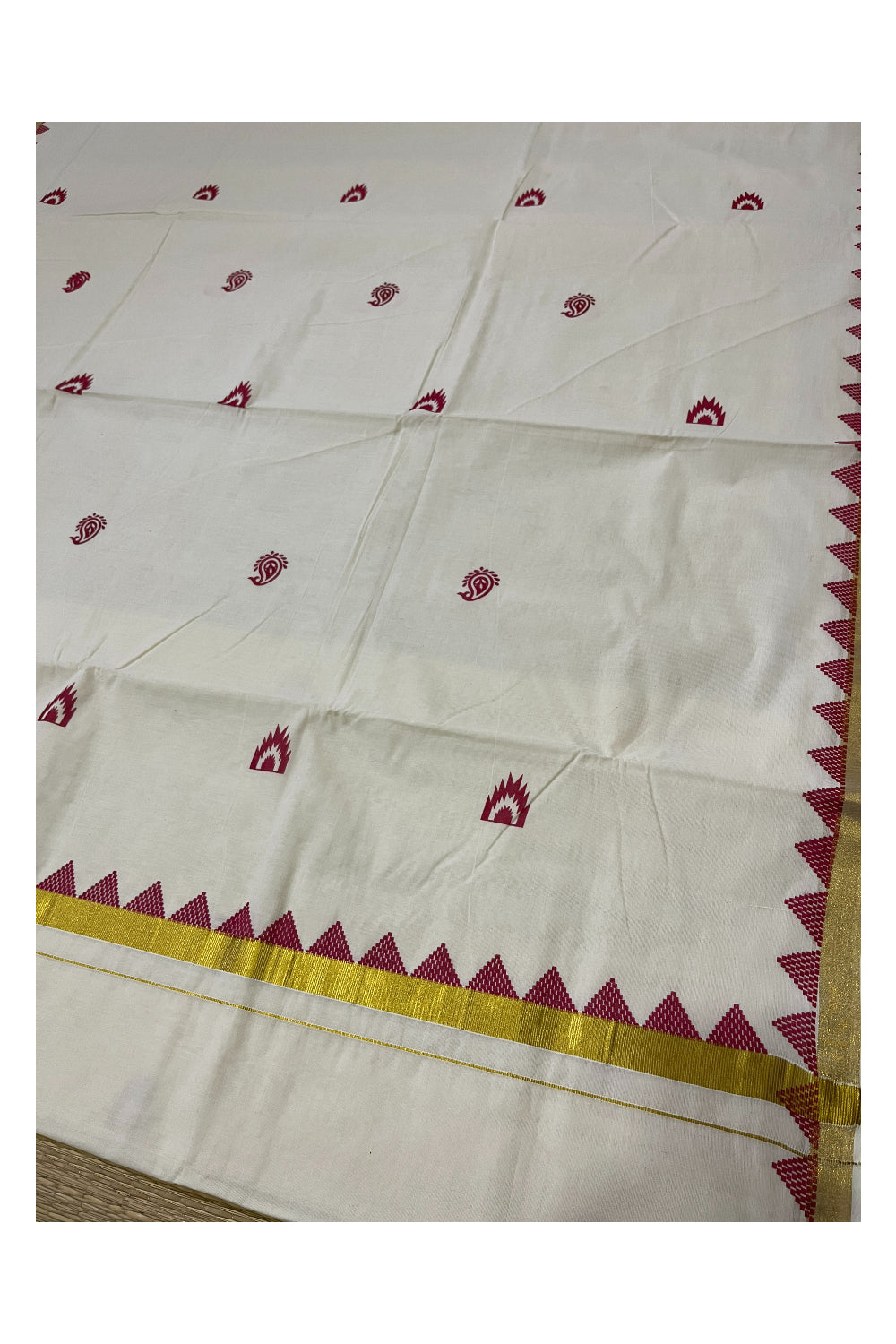 Pure Cotton Kerala Kasavu Saree with Red Temple Block Printed Border