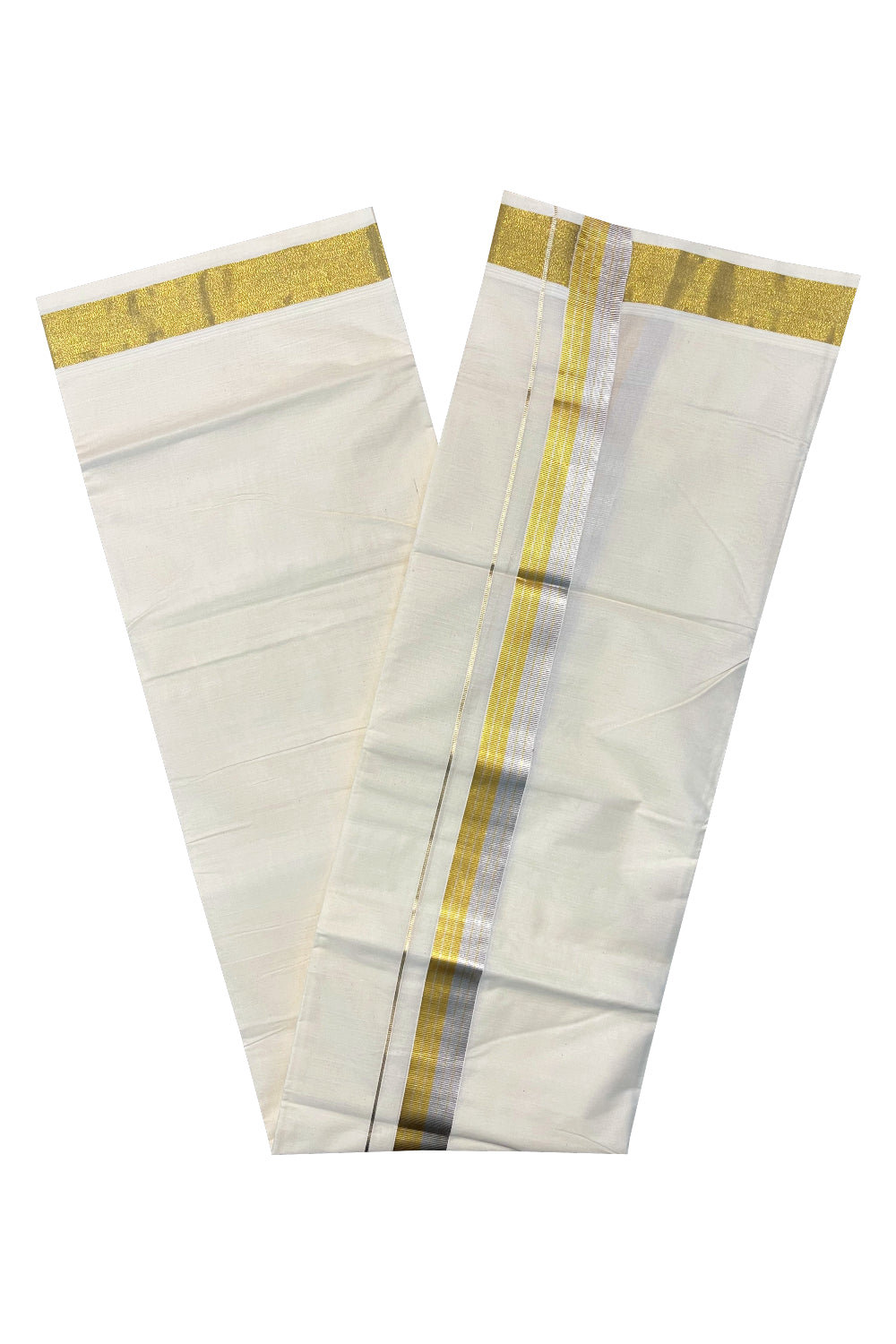 Pure Cotton Off White Mundu with Silver and Golden Kasavu Lines Border (South Indian Kerala Dhoti)