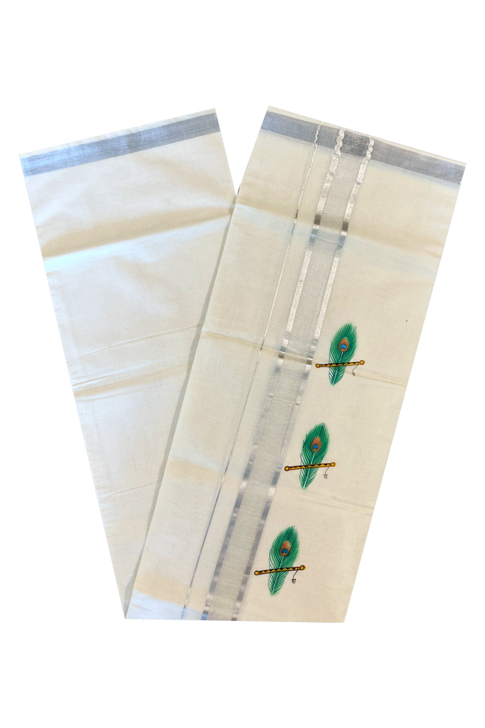 Kerala Pure Cotton Double Mundu with Mural Printed on Silver Kasavu Border